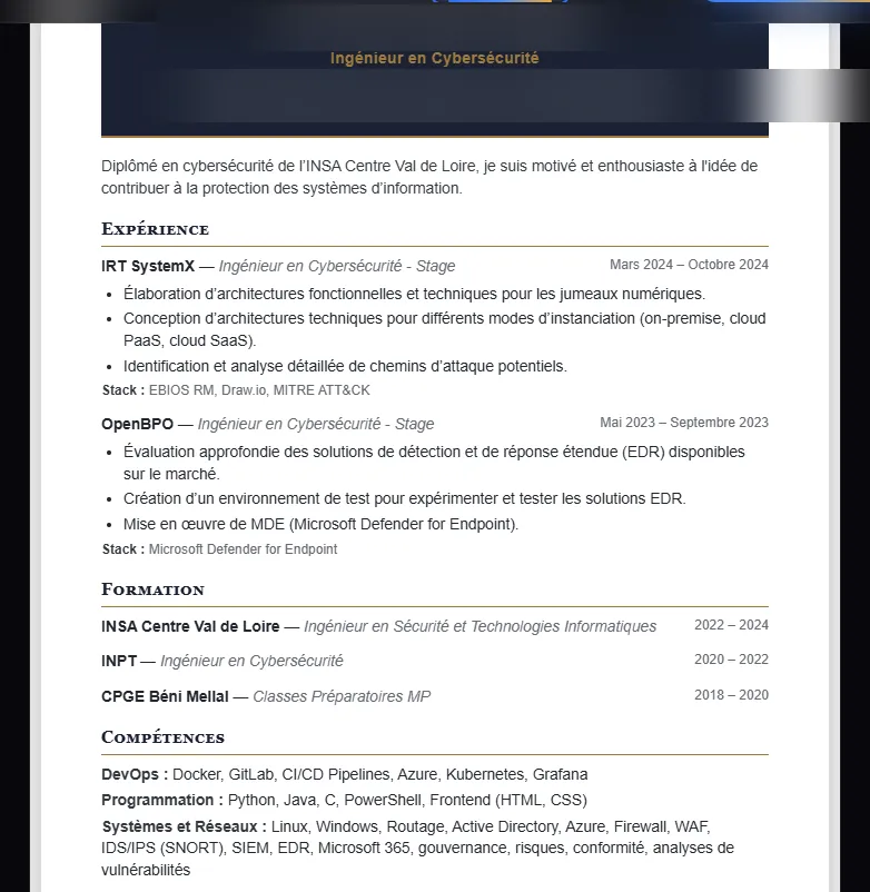 Exemple de CV généré, structuré pour être lisible par les ATS
