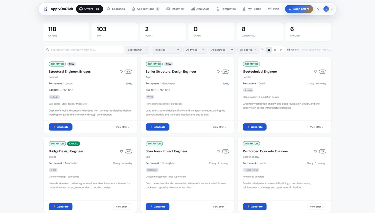 ApplyOnClick dashboard: job offers ranked by relevance