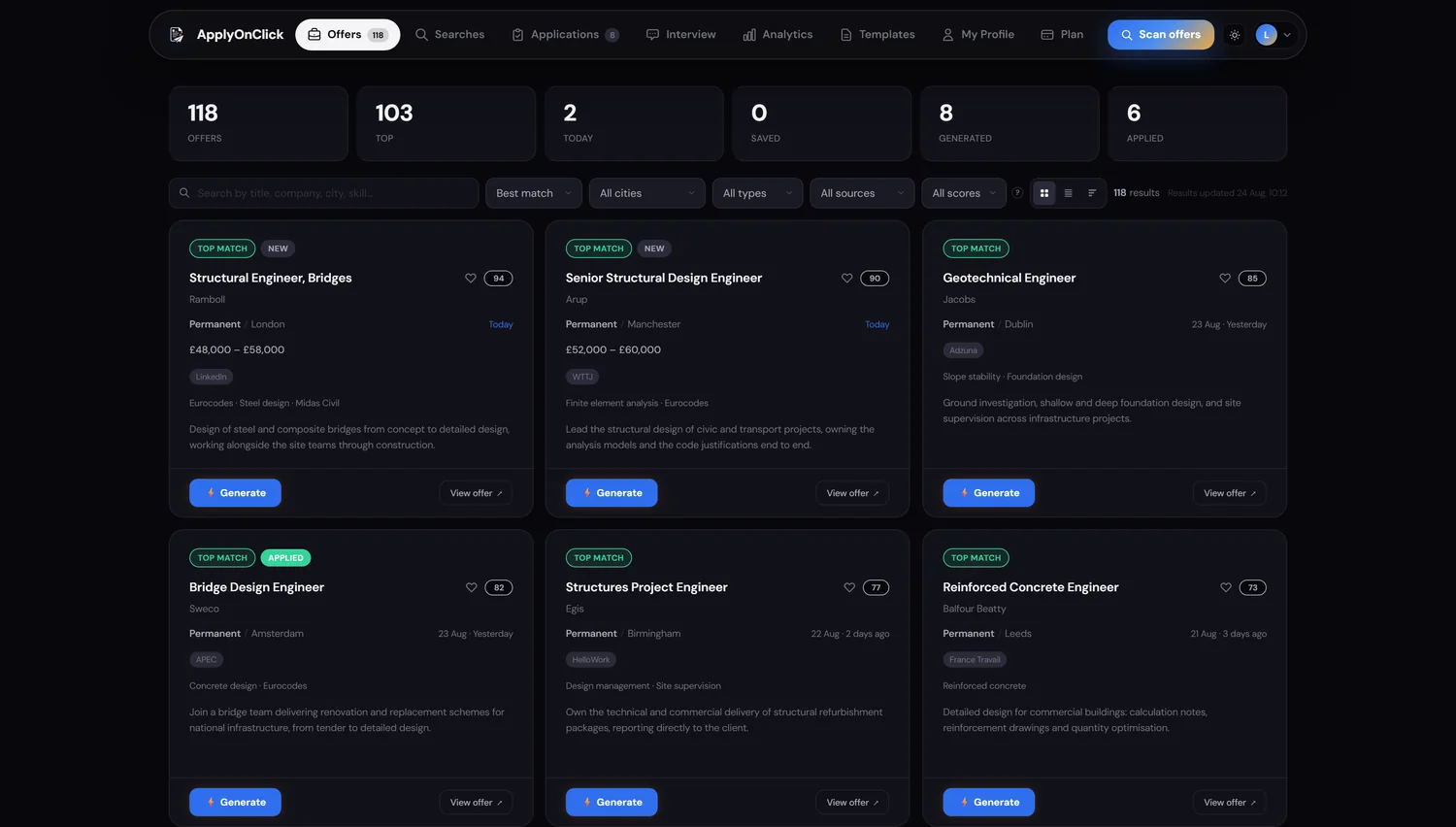 ApplyOnClick dashboard: job offers ranked by relevance