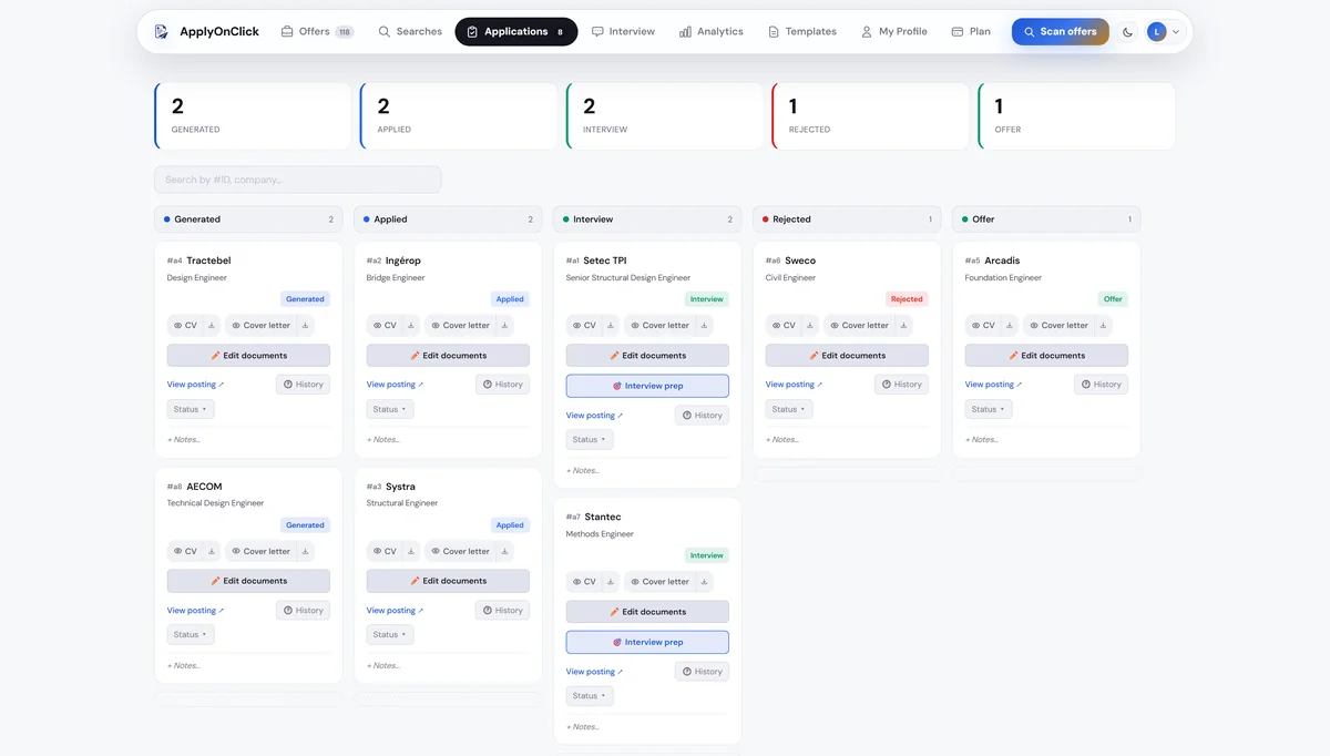 Application-tracking Kanban board in ApplyOnClick