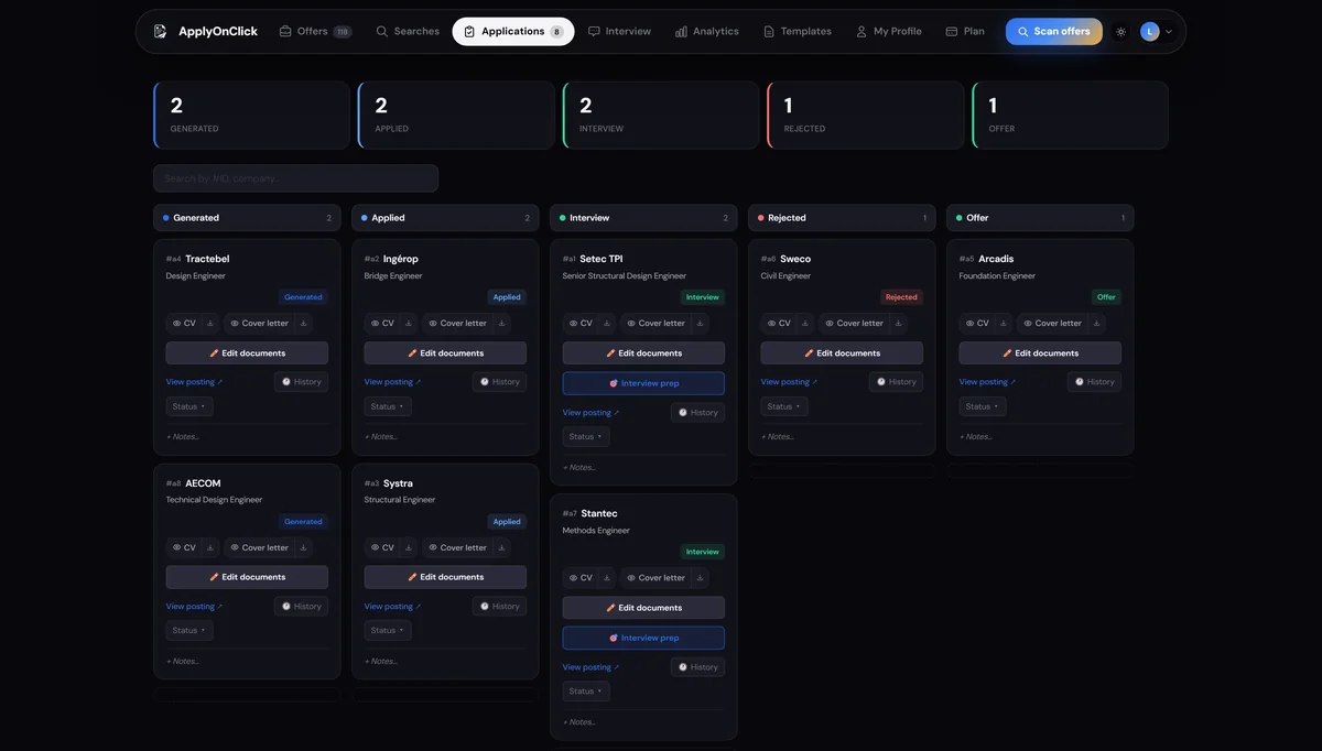 Application-tracking Kanban board in ApplyOnClick
