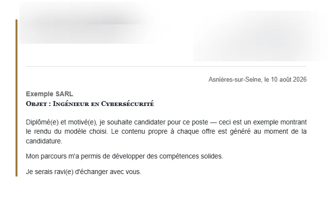 Aperçu d'une lettre de motivation générée par ApplyOnClick