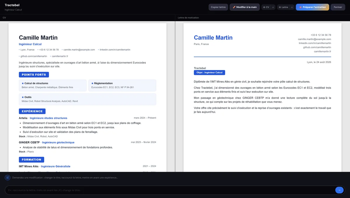 CV et lettre , capture de l'application ApplyOnClick