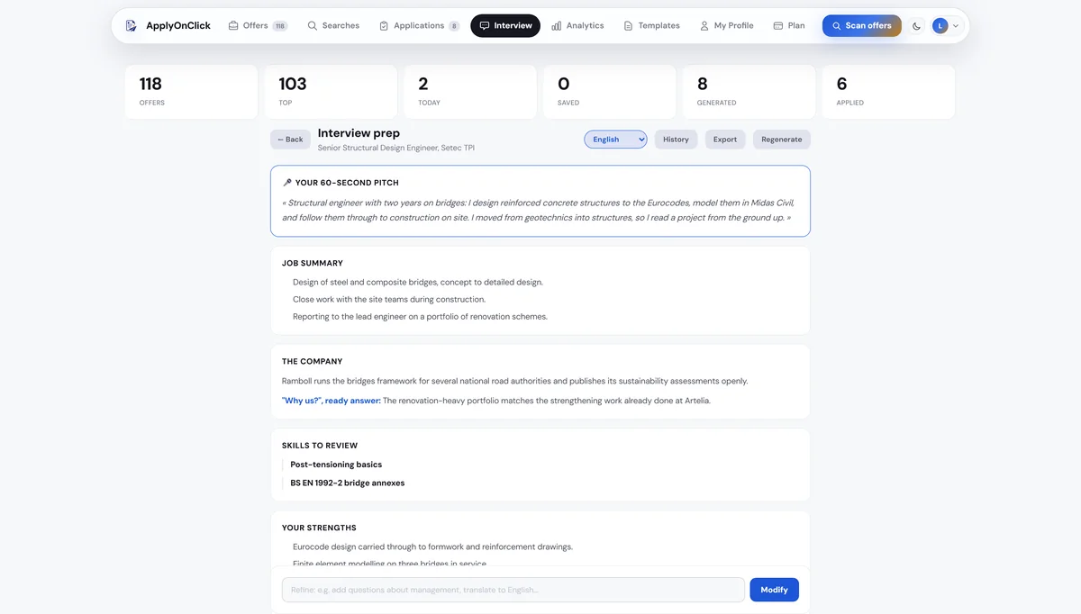 Interview preparation brief generated by ApplyOnClick
