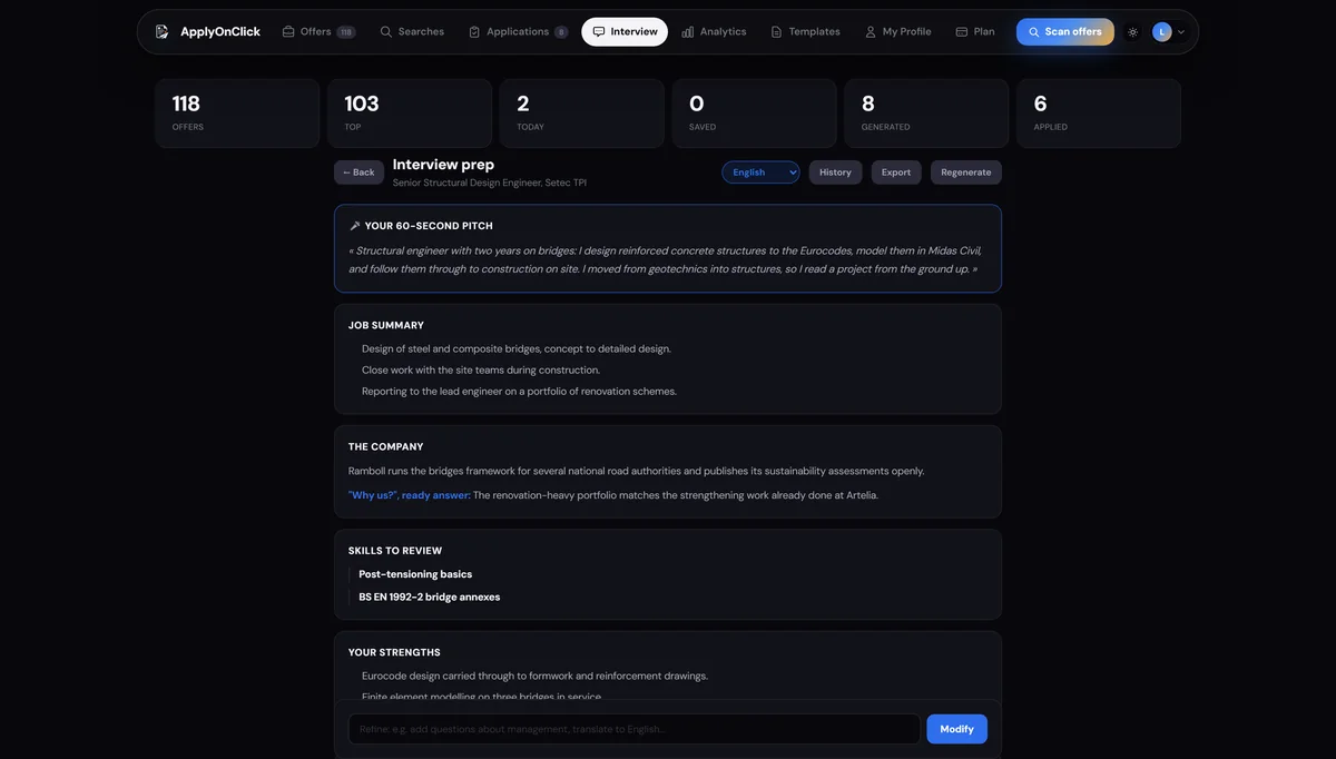 Interview preparation brief generated by ApplyOnClick