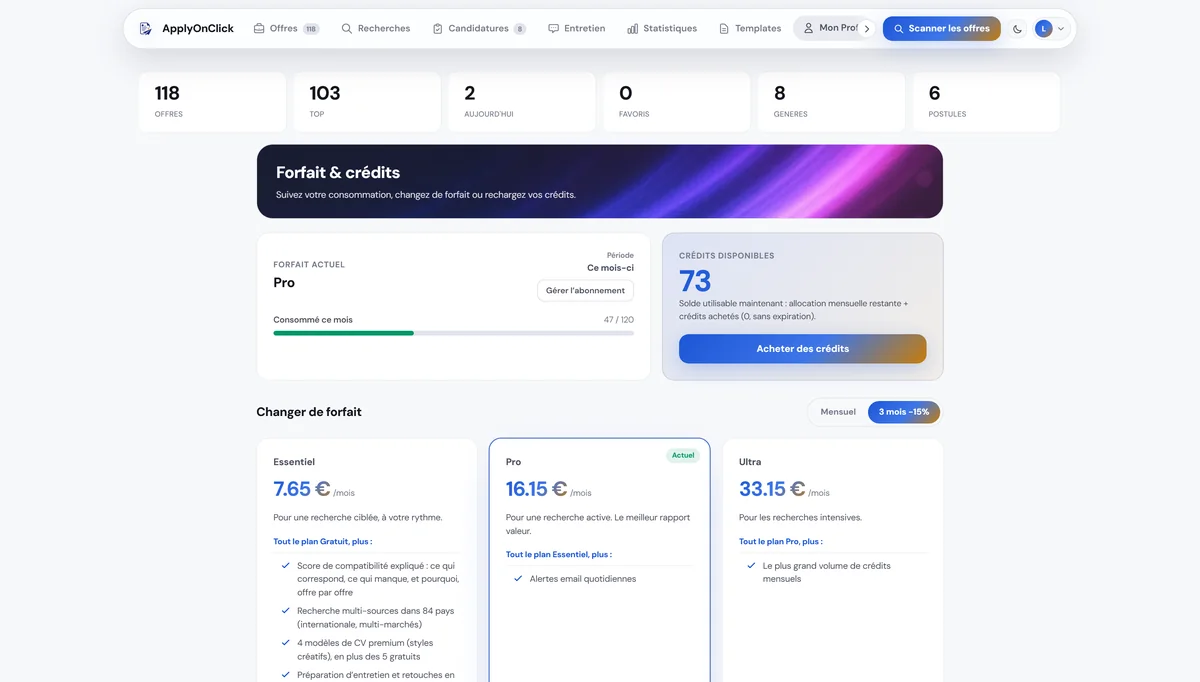 Forfait , capture de l'application ApplyOnClick