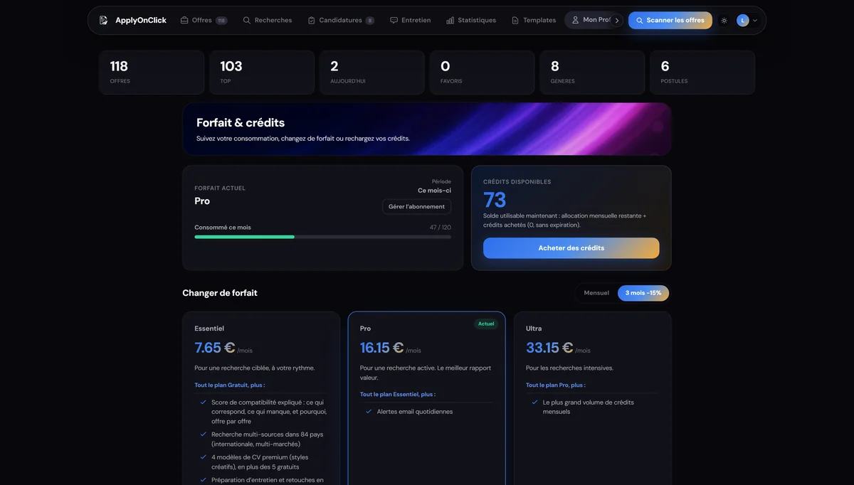 Forfait , capture de l'application ApplyOnClick
