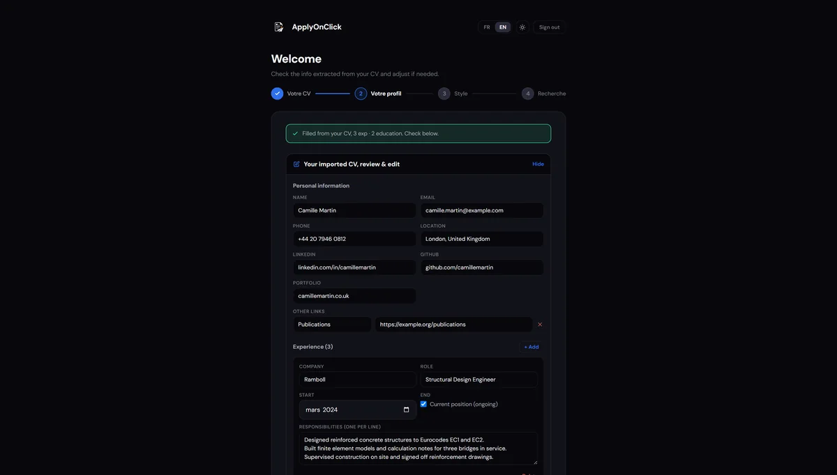 CV import , screenshot of the ApplyOnClick app