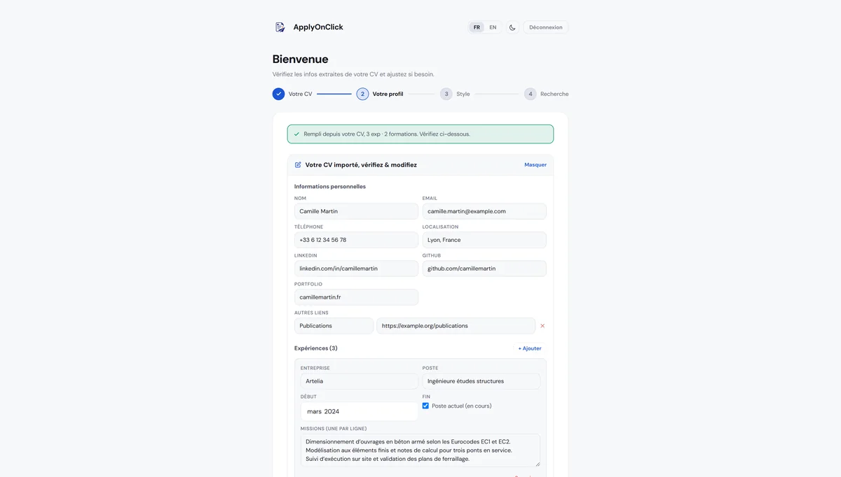 Import du CV , capture de l'application ApplyOnClick