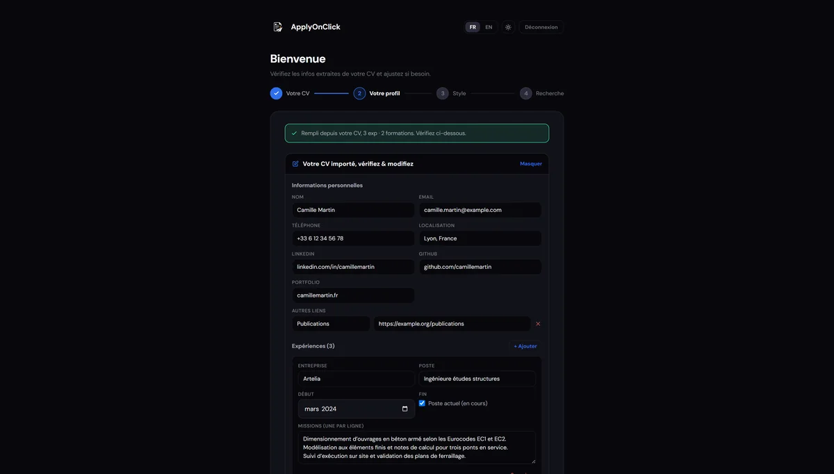 Import du CV , capture de l'application ApplyOnClick