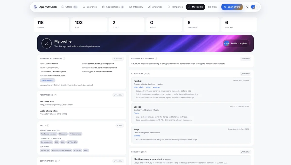 Profile , screenshot of the ApplyOnClick app