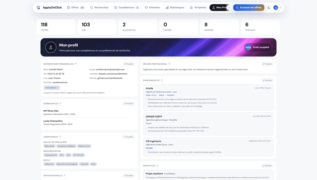 Profil , capture de l'application ApplyOnClick