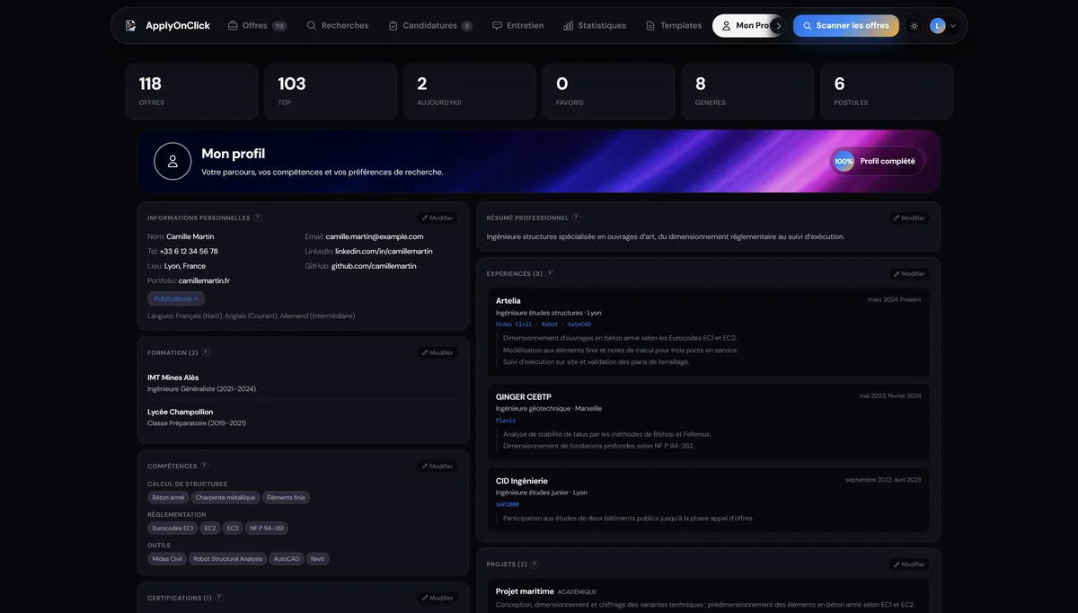 Profil , capture de l'application ApplyOnClick