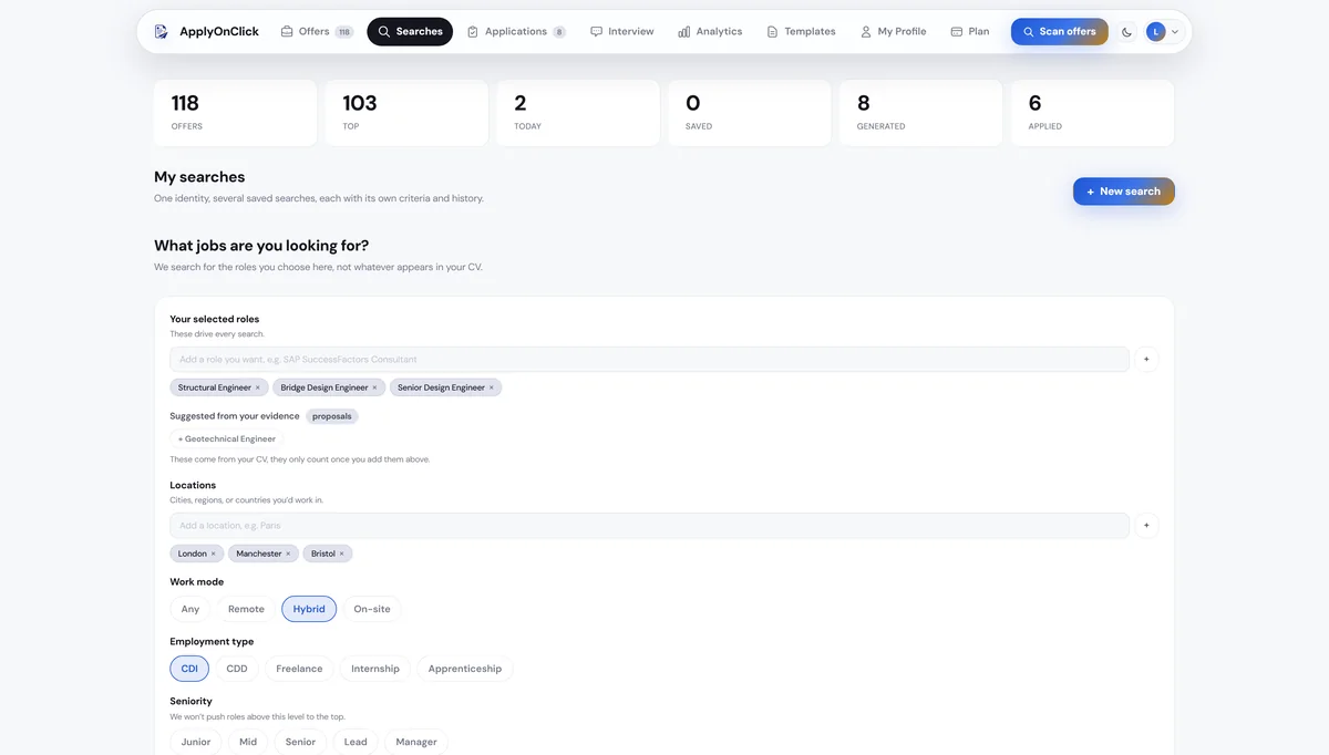 Searches , screenshot of the ApplyOnClick app