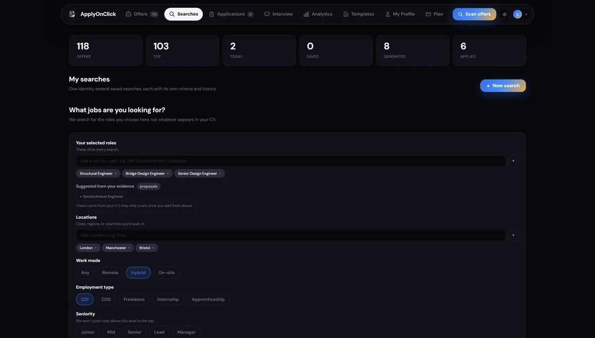 Searches , screenshot of the ApplyOnClick app