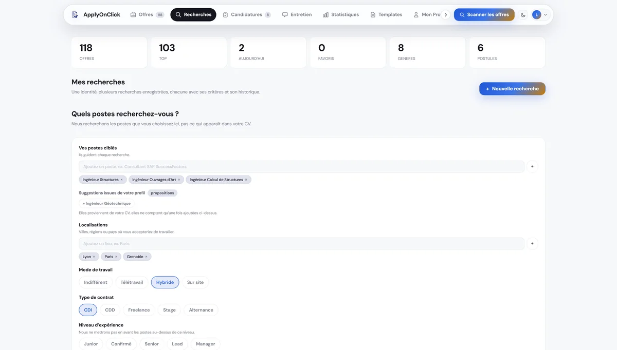 Recherches , capture de l'application ApplyOnClick
