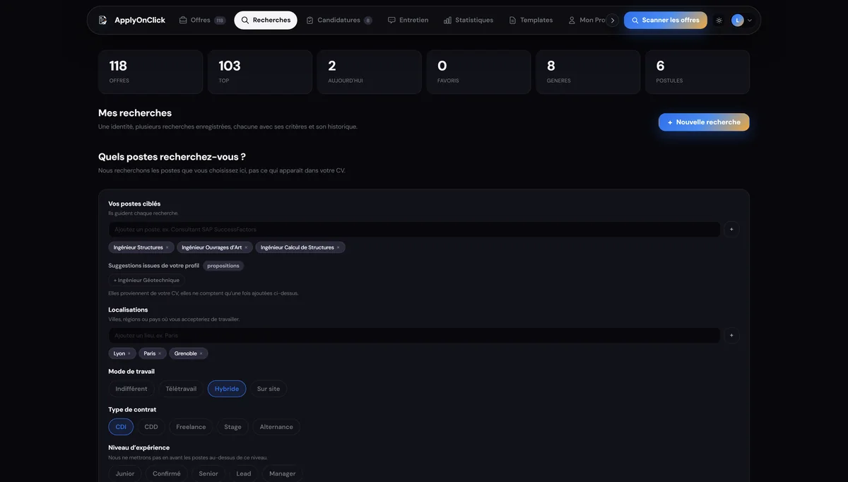 Recherches , capture de l'application ApplyOnClick